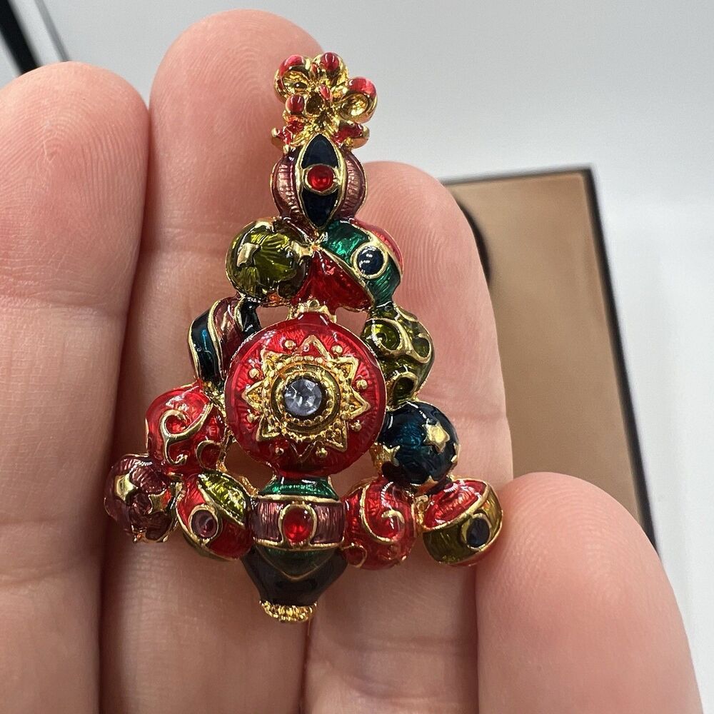 Vintage Christmas Tree Christopher Radko Enamel Rhinestone Pin Brooch Signed - Picture 2 of 9